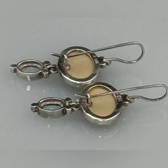 Sterling Silver 925 Abalone Blue Topaz Dangle Earrings French Wire 1.25" L - Picture 2 of 8